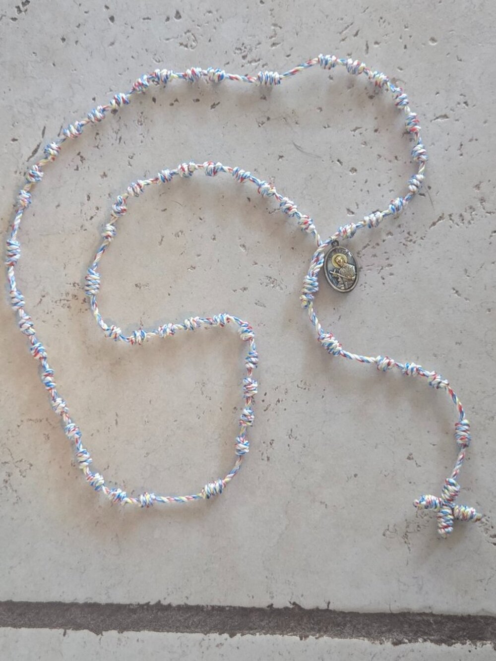 Hand Crafted Knot Rosary white/red/blue/yellow Coloreful St Gerard/St Perpetua